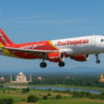 An airplane with Thai VietJet Air branding soaring through a clear blue sky,